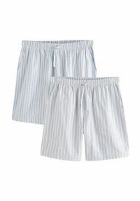 Deux paires de shorts pour hommes à rayures bleu clair et blanches. Taille élastique avec cordon de serrage, fabriqués en tissu doux. Design décontracté avec poches latérales.