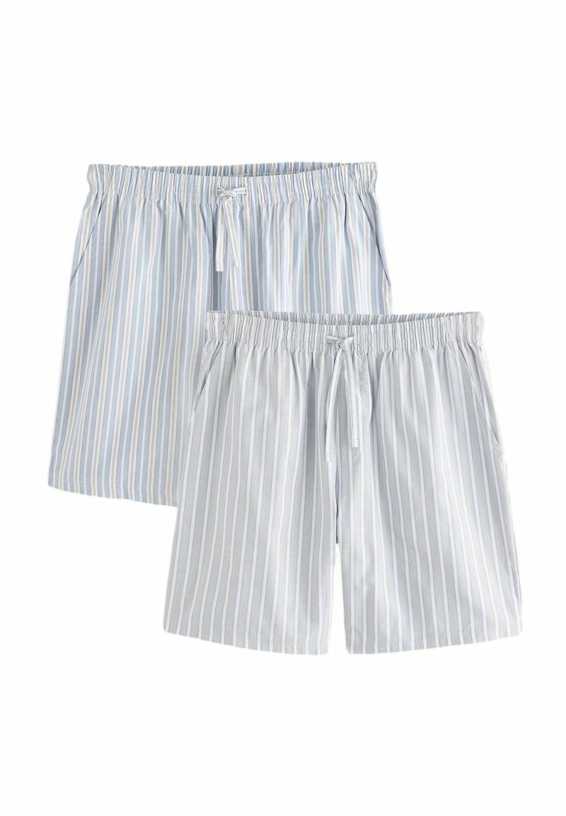 Deux paires de shorts pour hommes à rayures bleu clair et blanches. Taille élastique avec cordon de serrage, fabriqués en tissu doux. Design décontracté avec poches latérales.