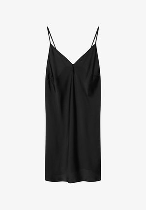 Czarna kamizelka wykonana z gładkiego materiału z cienkimi regulowanymi ramiączkami, dekoltem w kształcie litery V i subtelnym zapięciem na plecach. Ogólnie prosty design.