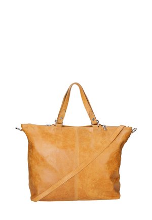 Sac fourre-tout en cuir tan avec doubles poignées et une bandoulière amovible. Offre une texture lisse et une forme rectangulaire structurée.