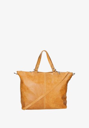 Borsa a tote in pelle color tan con doppie maniglie e una tracolla removibile. Presenta una texture liscia e una forma rettangolare strutturata.