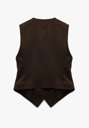 Gilet sans manches marron avec un col montant, présentant un design à dos fendu et une texture lisse. Coupe ajustée avec des lignes dépouillées et sans fermetures visibles.