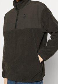 Mörkgrå fleecepullover med halvdragkedja, med en PUMA-logga, framficka med dragkedja och strukturerad tyg. Avslappnad passform och långa ärmar.