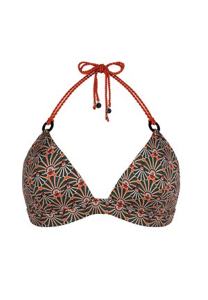 Trójkątny top od bikini z pomarańczowym i ciemnozielonym kwiatowym wzorem oraz skręcanymi pomarańczowymi ramiączkami wiązanymi na kokardę.