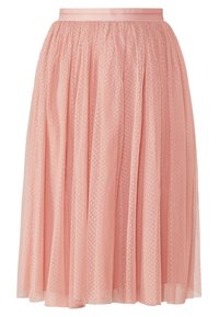Gonna in tulle rosa con vita arricciata e dettaglio in nastro di raso. Presenta una texture trasparente e un delicato motivo a pois in tutto il capo.