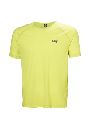 Camiseta de manga corta y cuello redondo, fabricada en un tejido ligero y que absorbe la humedad, de un brillante color amarillo fluorescente, con un logo gris en el pecho.