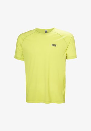 Korte mouwen, ronde hals t-shirt gemaakt van lichtgewicht, vochtafvoerend materiaal in fel fluorescerend geel, met een grijs logo op de borst.