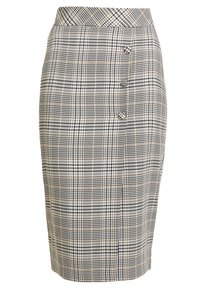 Jupe crayon à carreaux noir et blanc avec des accents marron, présentant une taille haute, quatre boutons à l'avant et une coupe ajustée.
