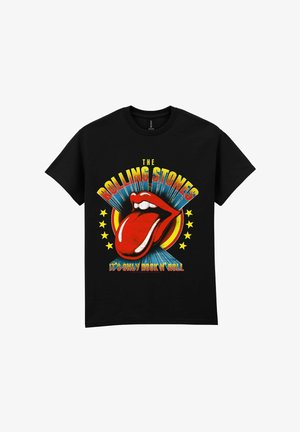 Musta t-paita, jossa on The Rolling Stonesin logo punaisilla huulilla ja kielillä, keltaisia tähtiä sekä teksti "Se on vain rock'n'roll."
