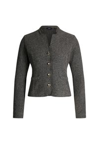 Blazer grigio in misto lana con un design leggermente strutturato, collo a scollo con risvolto e cinque bottoni in tono argentato. Presenta due tasche frontali.