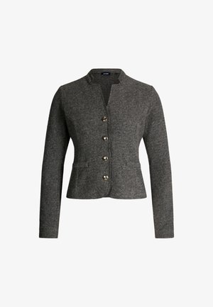 Gray wool-blend blazer with a slightly structured design, notch collar, and five silver-tone buttons. Features two front pockets.