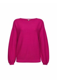 Pull rose vif à manches longues avec un large col rond et des manches légèrement bouffantes avec des poignets ajustés.