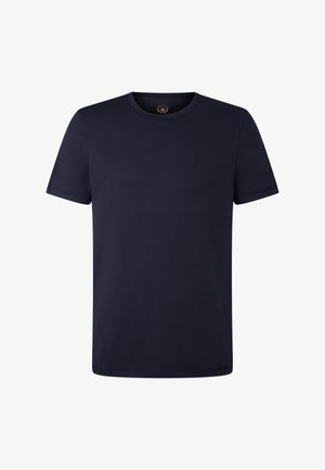 Marineblå T-shirt lavet af blødt stof, med rund halsudskæring, korte ærmer og et lille sort logo på brystet. Glat tekstur.
