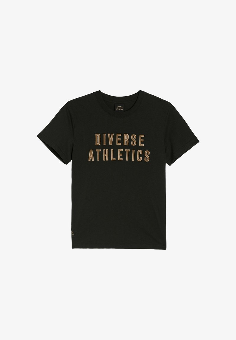 Czarna bawełniana koszulka z napisem "DIVERSE ATHLETICS" w odważnym złotym kolorze. Okrągły dekolt, krótkie rękawy, standardowy krój i miękka faktura.
