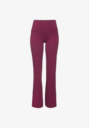 Hohe Taille, lange, bordeauxrote Yogahosen mit tailliertem Bund und leicht ausgestellten Beinen.