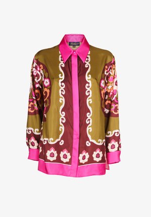Multicolored silk shirt with a pink collar and button-down front. Features intricate floral patterns in pink, white, and orange on a brown and olive background.