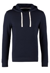 Námořnická modrá mikina s kapucí vyrobená z tkaniny s měkkou strukturou. Obsahuje klokaní kapsu, šňůrky a žebrované manžety. Jednoduchý a ležérní design.