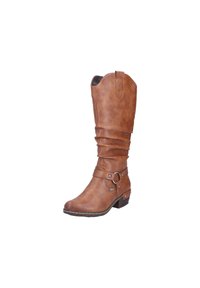 Botte en cuir marron jusqu'au genou avec un design froissé, deux sangles avec des accents métalliques et un petit talon empilé.