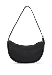 Borsa a spalla in pelle nera con forma curva, texture liscia e un'unica tracolla. Presenta una chiusura a zip superiore per un facile accesso.