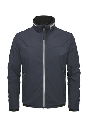 Marineblaue Jacke mit Frontreißverschluss, hohem Kragen mit Reißverschluss, zwei seitlichen Reißverschlusstaschen und verstellbaren Handgelenkriemen.