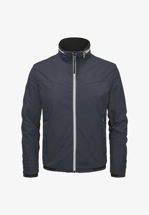 Marineblaue Jacke mit Frontreißverschluss, hohem Kragen mit Reißverschluss, zwei seitlichen Reißverschlusstaschen und verstellbaren Handgelenkriemen.