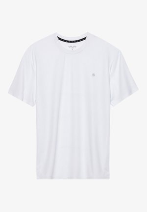Weißes Crewneck-T-Shirt aus Baumwolle, mit kurzen Ärmeln und einem kleinen, auf der linken Brustseite gestickten Logo. Weiche Textur.