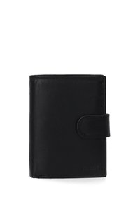 Black leather wallet featuring a smooth texture, compact design, button closure, and embossed logo detail on the lower front.