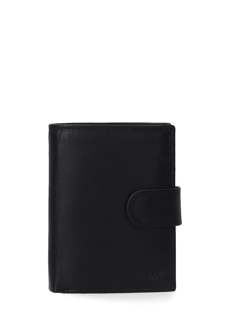 Black leather wallet featuring a smooth texture, compact design, button closure, and embossed logo detail on the lower front.