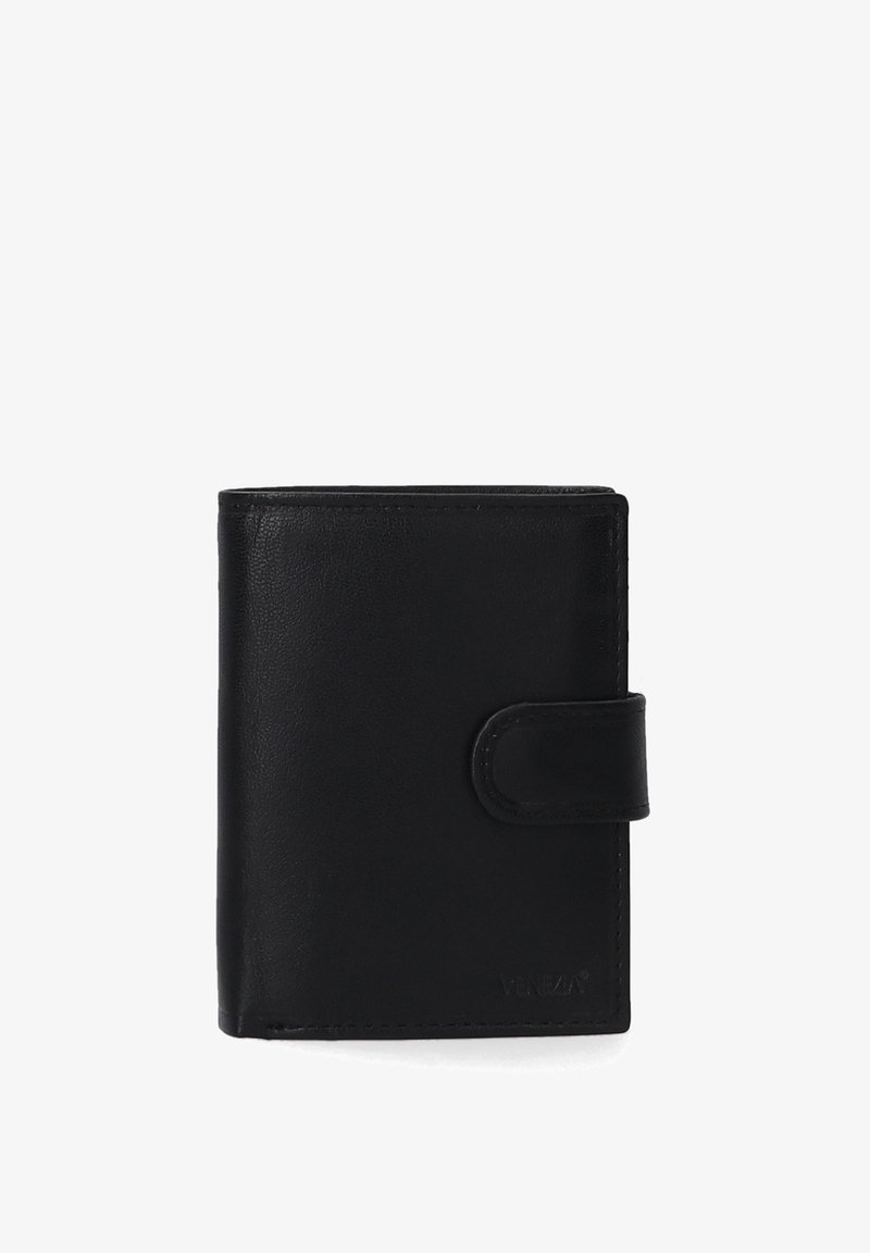 Portefeuille en cuir noir avec une texture lisse, un design compact, une fermeture à bouton et un logo embossé en bas à l'avant.