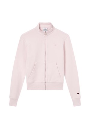 Lichtroze zip-up sweatshirt met opstaande kraag, zakken aan de voorkant en Champion-logo's op de borst en linker mouwboord.
