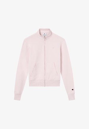 Lichtroze zip-up sweatshirt met opstaande kraag, zakken aan de voorkant en Champion-logo's op de borst en linker mouwboord.