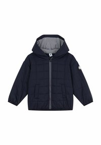 Giacca trapuntata blu marina con cappuccio, zip argentata e due tasche frontali. La fodera interna presenta righe orizzontali. Polsini e orlo elastici.