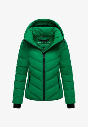 Roheline kootud talvejakk kapuutsiga, ees lukuga, külgmistest lukutaskutega ja mustade sisekäistega varrukatel.