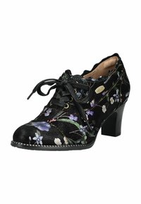 Scarpe stringate nere a stampa floreale con tacco basso, superficie testurizzata e cuciture decorative. Presentano dettagli hardware con logo dorato.
