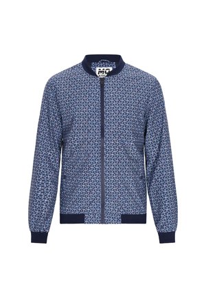 Blå bomberjakke med blomsterprint, ribbet krave og manchetter, lynlåslukning og elastisk talje. Fremstillet af letvægtsstof.