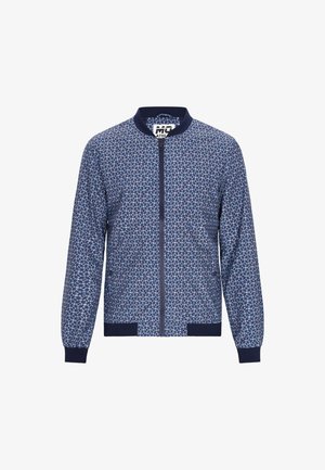 Blå bomberjakke med blomsterprint, ribbet krave og manchetter, lynlåslukning og elastisk talje. Fremstillet af letvægtsstof.