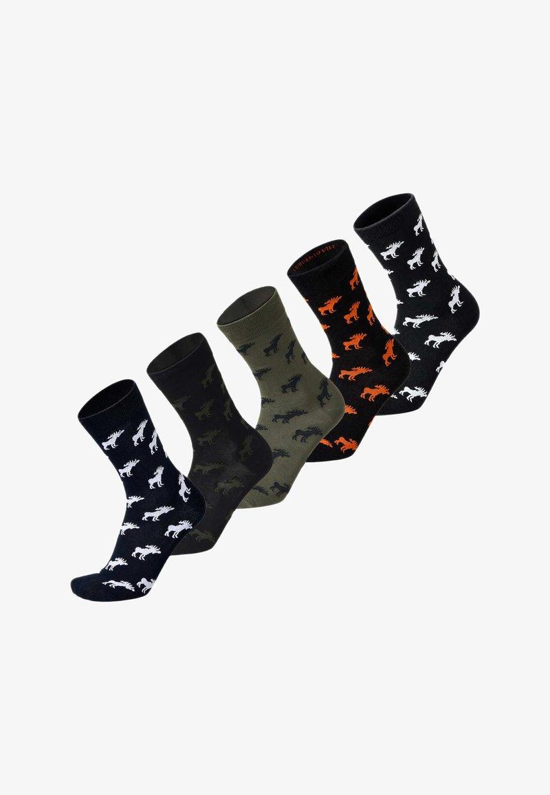 Cinq paires de chaussettes montantes en noir, vert foncé et noir avec des motifs blancs et foncés, et des silhouettes de dinosaures orange sur chaque paire.