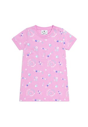 Vestito rosa a maniche corte per bambini piccoli con motivo testuale pastello su tutta la superficie che include le parole "happy" e "love" e piccoli loghi, chiusure con bottoni sulla spalla.