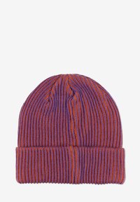 Fioletowo-pomarańczowa prążkowana dzianinowa czapka z odwróconym mankietem, z fakturowanym prążkowaniem i kontrastowymi kolorowymi sekcjami.