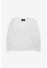 Cardigan blanc à manches longues avec col en V, boutons sur le devant, poignets et ourlet côtelés, posé à plat sur un fond blanc.