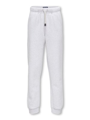Pantalon de survêtement gris clair avec taille élastique, cordon blanc, poches latérales et bords-côtes aux chevilles.