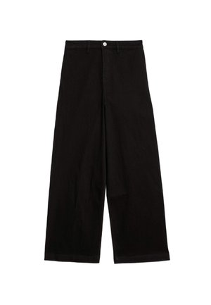 Zwarte wijde broek van katoen. Voorzien van een tailleband, sluiting met voorste knoop en zonder zichtbare patronen of accenten.