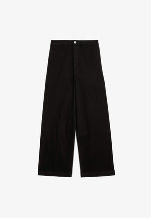 Black wide-leg trousers made from cotton. Features a waistband, front button closure, and no visible patterns or accents.