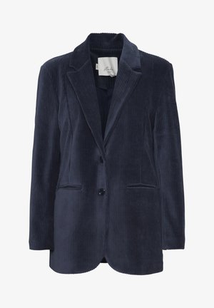Sötétkék kordbársony blézer, révén nyakú gallérral, egysoros gombolással, két elülső zsebbel és bordázott textúrával.