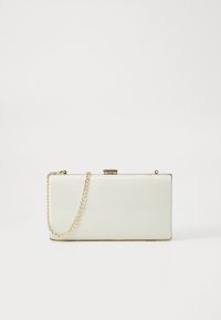 White glossy rectangular clutch with gold chain strap and clasp closure, featuring a smooth texture and minimalist design.