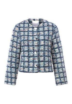 Textured blue tweed jacket with a checkered pattern, featuring a rounded neckline, long sleeves, and shiny button closures.