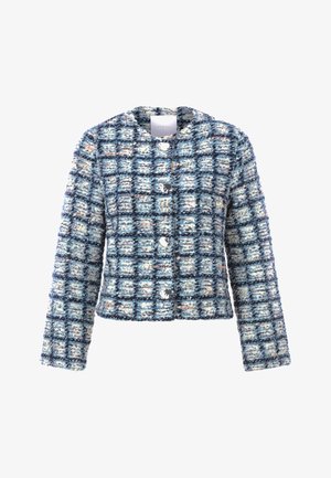 Veste en tweed bleu texturé avec un motif à carreaux, dotée d'un col rond, de manches longues et de fermetures à boutons brillants.