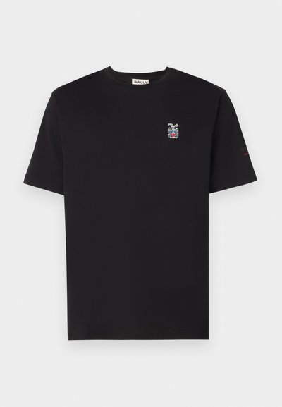 Black cotton t-shirt with a crew neck, featuring a small bunny graphic in colorful embroidery on the left chest. Short sleeves.