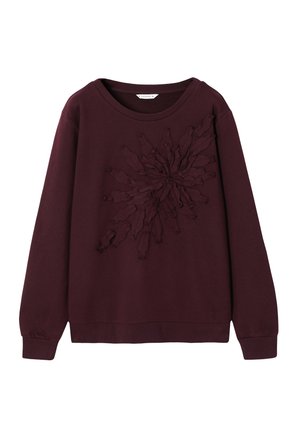 Bordeauxroter Sweatshirt mit langen Ärmeln, rundem Ausschnitt und strukturiertem Blumenmuster vorne in der Mitte rechts.