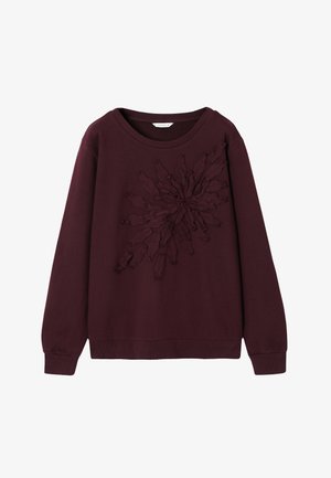 Felpa bordeaux a maniche lunghe con scollo rotondo e motivo floreale tridimensionale sul centro anteriore a destra.